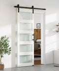Glass Barn Door 28 x 84 In With 5 Ft Sliding Hardware Kit And Handle, Pre-Drilled Ready To Assemble, Waterproof PVC Coating, White, 5 Panel Frosted And Clear Glass For Living Room, Bathroom, Bedroom installed view