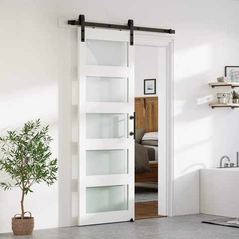 Glass Barn Door 28 x 84 In With 5 Ft Sliding Hardware Kit And Handle, Pre-Drilled Ready To Assemble, Waterproof PVC Coating, White, 5 Panel Frosted And Clear Glass For Living Room, Bathroom, Bedroom installed view