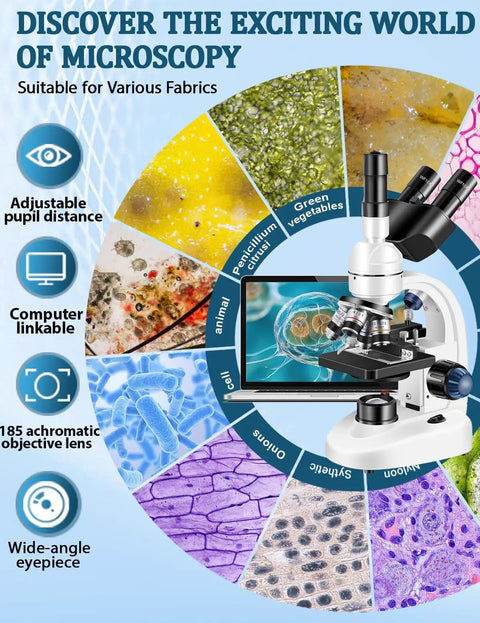 Trinocular Compound Microscope 40X-5000X Magnification For Adults With Dual Mechanical Stage And HD USB Camera Pro Grade Stereo Microscope With Wide Field Eyepieces Digital Eyepiece And Precision Optics For Research And Education, white