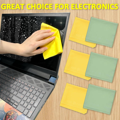 Front view of yellow and green Eco-Fused microfiber cloths, 12-pack, for cleaning laptop screens