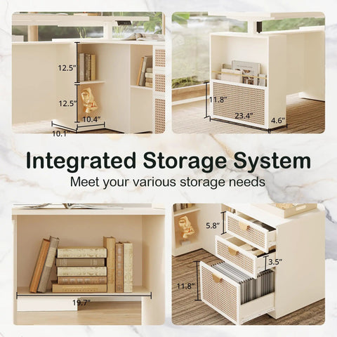 Modern Mate 63 Inch L Shaped Electric Standing Desk With Privacy Panel Ergonomic Adjustable Height Sit Stand Workstation Memory Settings For Home Office Productivity integrated storage system showing dimensions and organization.