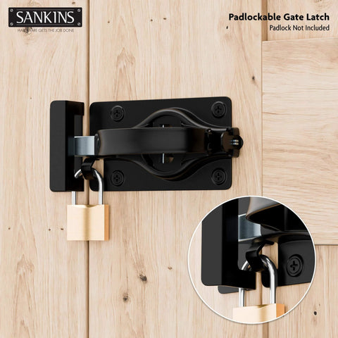 Heavy Duty Swinging Barn Door Latch With Dual Sided Handle for Inside and Outside Access on gates, shown with padlock.