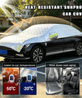 Heat-resistant sunproof car cover with reflective design for maximum protection from UV and heat on a parked vehicle.