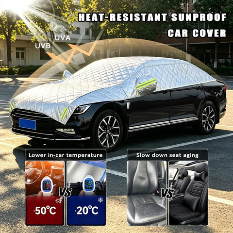 Heat-resistant sunproof car cover with reflective design for maximum protection from UV and heat on a parked vehicle.