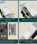 Kalide Dimmer Paddle Light Switch For LED And CFL, 300W Dimmable installation steps, showing screw removal and face cover placement.