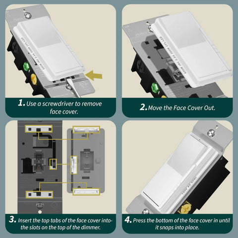 Kalide Dimmer Paddle Light Switch For LED And CFL, 300W Dimmable installation steps, showing screw removal and face cover placement.