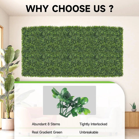 Eight Piece 10 By 10 Inch Artificial Grass Wall Panels With 100 Zip Ties, boxwood backdrop, features listed, indoor setup.