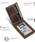 Interior view of AirTag Wallet With RFID Blocking, Slim Bifold Money Clip, Full Grain Leather Front Pocket Wallet For Men, Minimalist AirTag Holder, Card Slots, Durable Design, Texas Brown Gift Ready showing card slots, money clip, and ID slot