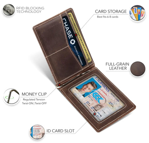 Interior view of AirTag Wallet With RFID Blocking, Slim Bifold Money Clip, Full Grain Leather Front Pocket Wallet For Men, Minimalist AirTag Holder, Card Slots, Durable Design, Texas Brown Gift Ready showing card slots, money clip, and ID slot