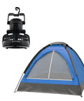 Two Person Dome Tent And Hanging LED Lantern Fan Camping Gear Set For Backpacking Hiking Or Backyard Adventures Lightweight 2.75lb Outdoor Shelter With Removable Rain Fly Interior Storage Pocket And 2 In 1 Lantern, showing compact blue tent and black lantern fan.