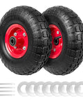 4.10/3.50-4 Tire And Wheel Set, 10 Inch Air Filled Wheels With 5/8 Inch Axle Bore For Hand Trucks, shown with washers and pins