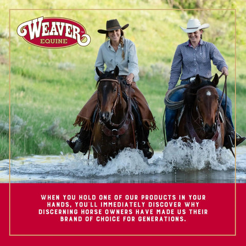Two riders on horses crossing a stream with Weaver Equine branding in view.