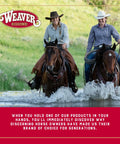 Two riders on horses crossing water, featuring Weaver Equine logo.