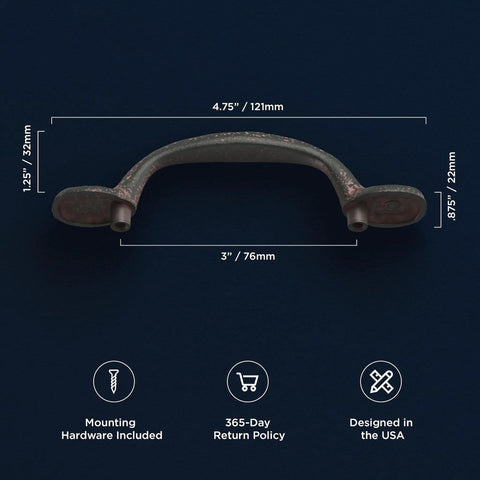 Solid Core Cabinet Pulls Set of 10 in Rustic Iron, Heavy Duty Kitchen and Furniture Hardware, 3 Inch Center to Center