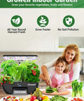 Woman and child using Dope Indoor Hydroponics Growth System Kit With 17 Pods, 102 28W full-spectrum lights in a kitchen setting.