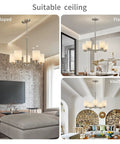 Collage of a brushed nickel chandelier on sloped, flat, and vaulted ceilings in stylish living rooms.
