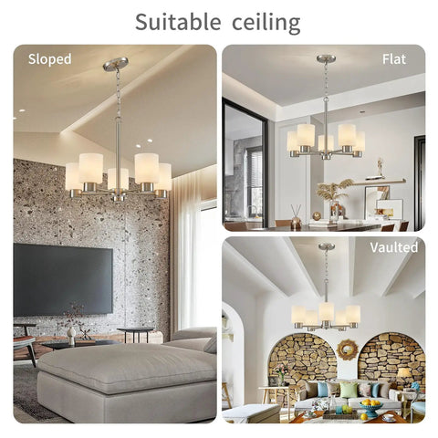 Collage of a brushed nickel chandelier on sloped, flat, and vaulted ceilings in stylish living rooms.