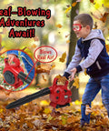 Child playing with Realistic Toddler Garden Tool Set With Toy Leaf Blower Chainsaw And Lawn Mower Plus Safety Goggles Mask