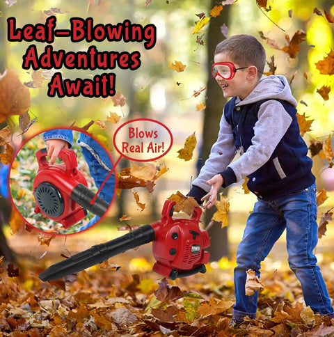 Child playing with Realistic Toddler Garden Tool Set With Toy Leaf Blower Chainsaw And Lawn Mower Plus Safety Goggles Mask