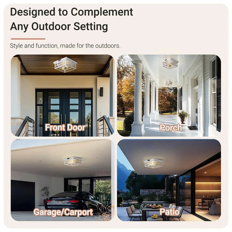 Outdoor Flush Mount Motion Sensor White Ceiling Light With Seeded Clear Glass Timeless Industrial Design installed on porch, patio, garage, entryway.