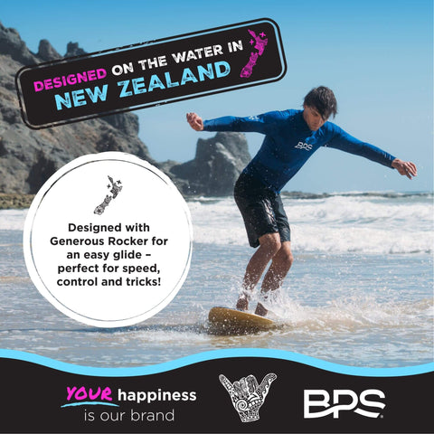 Person skimboarding on water with Shaka 35 Inch Skim Board With Epoxy Coated Wood Deck And Traction Pad No Wax Needed