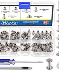 Slick Chicago Screws Assortment Kit Featuring 150 Silver Binding Rivets 5mm To 12mm Plus 4mm Flat Heads with tools.