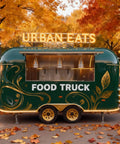 Straight Up Commercial Food Truck Trailer Featuring Custom Coffee Bar Station And Heavy Duty Snack Cart Prep Table To Crush Your Street Vendor Hustle Or Mobile Catering Business, green exterior, autumn park setting.