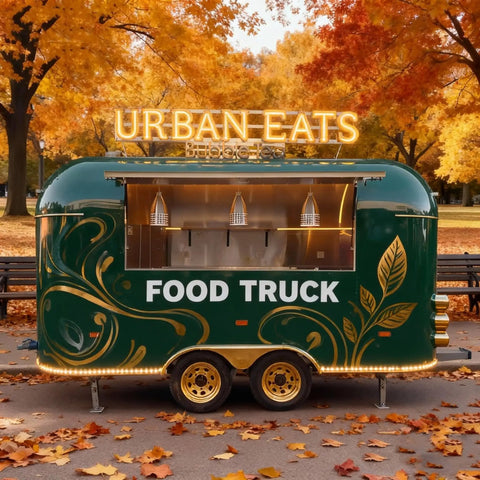 Straight Up Commercial Food Truck Trailer Featuring Custom Coffee Bar Station And Heavy Duty Snack Cart Prep Table To Crush Your Street Vendor Hustle Or Mobile Catering Business, green exterior, autumn park setting.