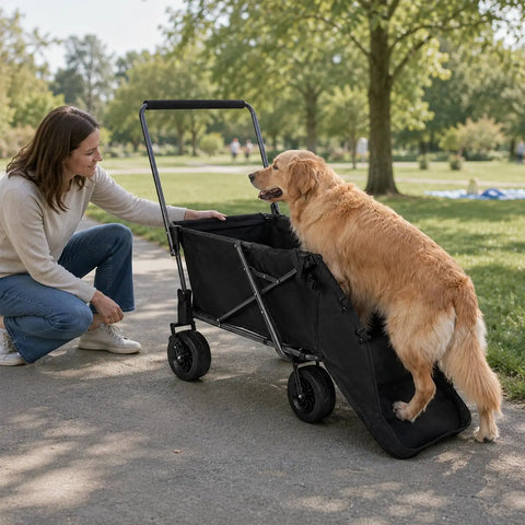 Beefy Heavy Duty Folding Dog Wagon Cart With Extendable Rear in park with dog entering, black color, 220L capacity