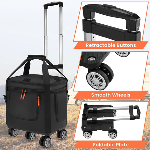 Carrying Case With Wheels For Portable Power Station Explorer 1000 V2 Padded Travel Bag showing retractable buttons, smooth wheels, foldable plate.