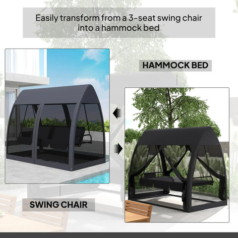 Transition of 3 Seat Outdoor Patio Swing Daybed With Convertible Backrest, Cozy Cushions, Built In Canopy, Side Pocket And Mesh Netting For Porch, Garden Or Backyard, Kick Back Lounge For Up To Three Adults Gray from swing chair to hammock bed.