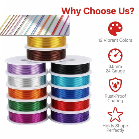 24 Gauge Jewelry Wire Set For Beading, Tarnish Resistant Craft Wire 0.5mm In 12 Dope Colors, Colored Iron Beading Thread For Wrapping, DIY Supplies Kit With 20M Per Roll, 12 Rolls, Total 240M, 12 color spools