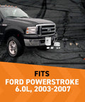Heavy Duty Coolant Filter Kit For Ford 6.0L Powerstroke 2003 Through 2007 shows parts beside truck on asphalt.