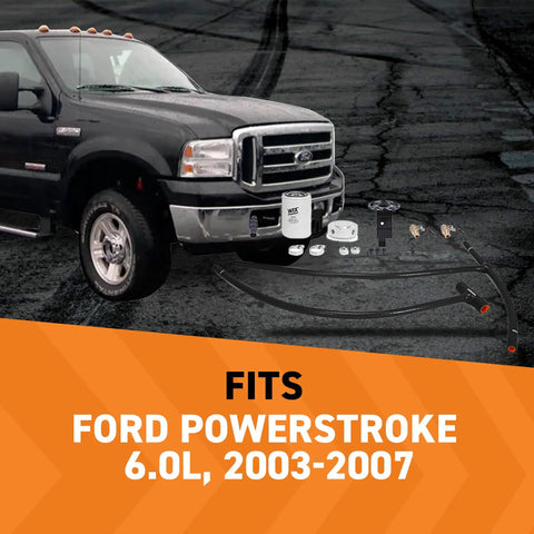 Heavy Duty Coolant Filter Kit For Ford 6.0L Powerstroke 2003 Through 2007 shows parts beside truck on asphalt.