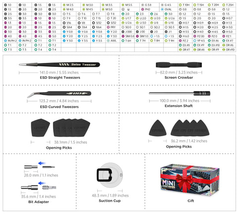 Components of 180 In 1 Computer Screwdriver Tool Kit With Magnetic Bits Case Pro Grade, including tweezers, picks, and extension shaft.