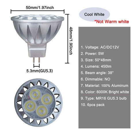 MR16 LED Bulbs 5W 6000K Daylight For 12V GU5.3 Low Voltage Track And Landscape Lighting Not Dimmable 450 Lumens