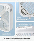 Classic 20 Inch Floor Mount Box Fan with 3 Quiet Speeds Black Corded Portable Air Cooler, showing slim frame and cord management.
