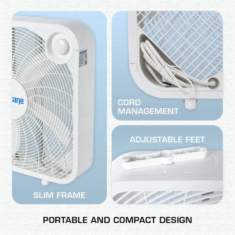 Classic 20 Inch Floor Mount Box Fan with 3 Quiet Speeds Black Corded Portable Air Cooler, showing slim frame and cord management.