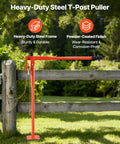 Heavy Duty Beast Steel T Post Puller For Round Posts And Sign Posts, Labor Saving Lever Design, Handles Up To 661 Pounds, Built To Remove Deep Set Wood Posts And Tough Metal Stakes, Tree Stumps, Lifting Chain Not Included, red steel frame by wooden fence