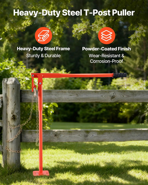 Heavy Duty Beast Steel T Post Puller For Round Posts And Sign Posts, Labor Saving Lever Design, Handles Up To 661 Pounds, Built To Remove Deep Set Wood Posts And Tough Metal Stakes, Tree Stumps, Lifting Chain Not Included, red steel frame by wooden fence