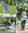 Children playing on Backyard Tree Swing For Kids With Single Disc Rope Climbing Seat For Indoor Outdoor Playground Swing Sets Safe Durable Design Thick 4 Ft Strap Red Color Includes Tree Protector And Carabiner in a park.