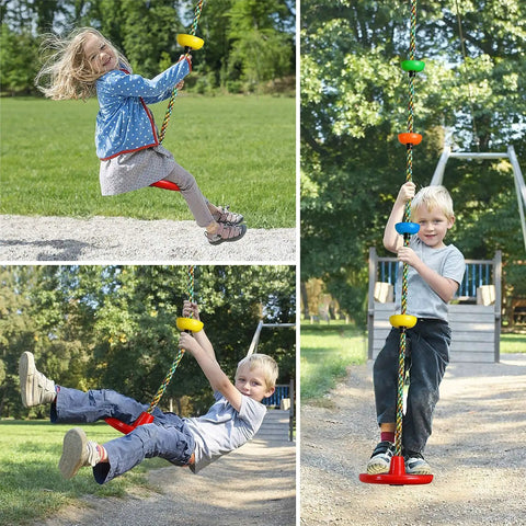 Children playing on Backyard Tree Swing For Kids With Single Disc Rope Climbing Seat For Indoor Outdoor Playground Swing Sets Safe Durable Design Thick 4 Ft Strap Red Color Includes Tree Protector And Carabiner in a park.