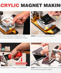 DIY Fridge Magnet Kit 2.5x2.5 Inch, 2-In-1 Magnet Maker And Cutter showing the step-by-step magnet making process with machine