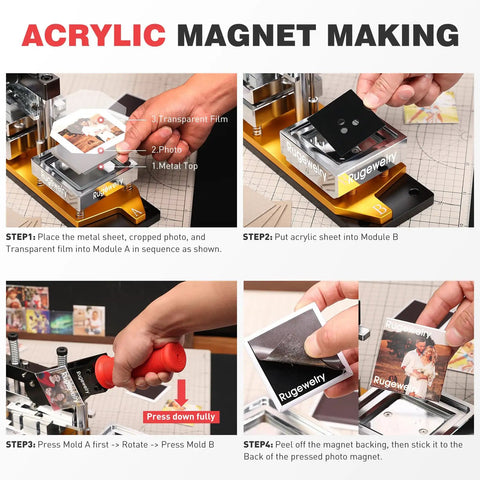 DIY Fridge Magnet Kit 2.5x2.5 Inch, 2-In-1 Magnet Maker And Cutter showing the step-by-step magnet making process with machine