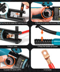 Step-by-step guide for using 10 Ton Hydraulic Crimping Tool With 9 Dies For Battery Cable Terminals And Stainless Steel Wire Rope Crimping 12 AWG To Two Zero AWG Includes One Sixteenth One Eighth Three Sixteenth Inch Dies For Cable Railing Projects, showing crimping and adjustment process.