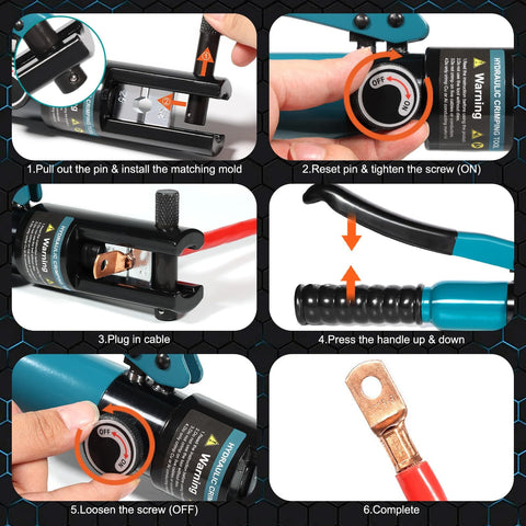 Step-by-step guide for using 10 Ton Hydraulic Crimping Tool With 9 Dies For Battery Cable Terminals And Stainless Steel Wire Rope Crimping 12 AWG To Two Zero AWG Includes One Sixteenth One Eighth Three Sixteenth Inch Dies For Cable Railing Projects, showing crimping and adjustment process.