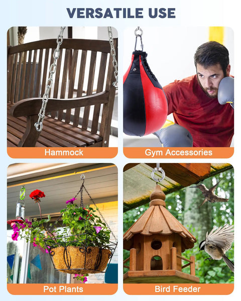 Versatile use of Workhorse Stainless Steel Eye Bolts: for hammocks, gym accessories, potted plants, and bird feeders.