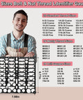Front view of wall-mounted bolt and nut thread gauge board, 36 sizes, black with white holes, 7.08in wide