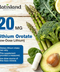 Lithium Orotate 20 Mg Supplement For Brain Health And Nerve Support Every Day Boost Low Dose Bioavailable Trace Mineral For Healthy Aging Vegan Non GMO Gluten Free 90 Count next to fresh vegetables on wood surface.