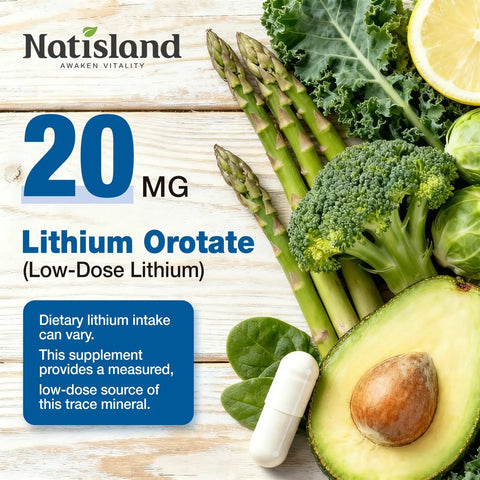 Lithium Orotate 20 Mg Supplement For Brain Health And Nerve Support Every Day Boost Low Dose Bioavailable Trace Mineral For Healthy Aging Vegan Non GMO Gluten Free 90 Count next to fresh vegetables on wood surface.